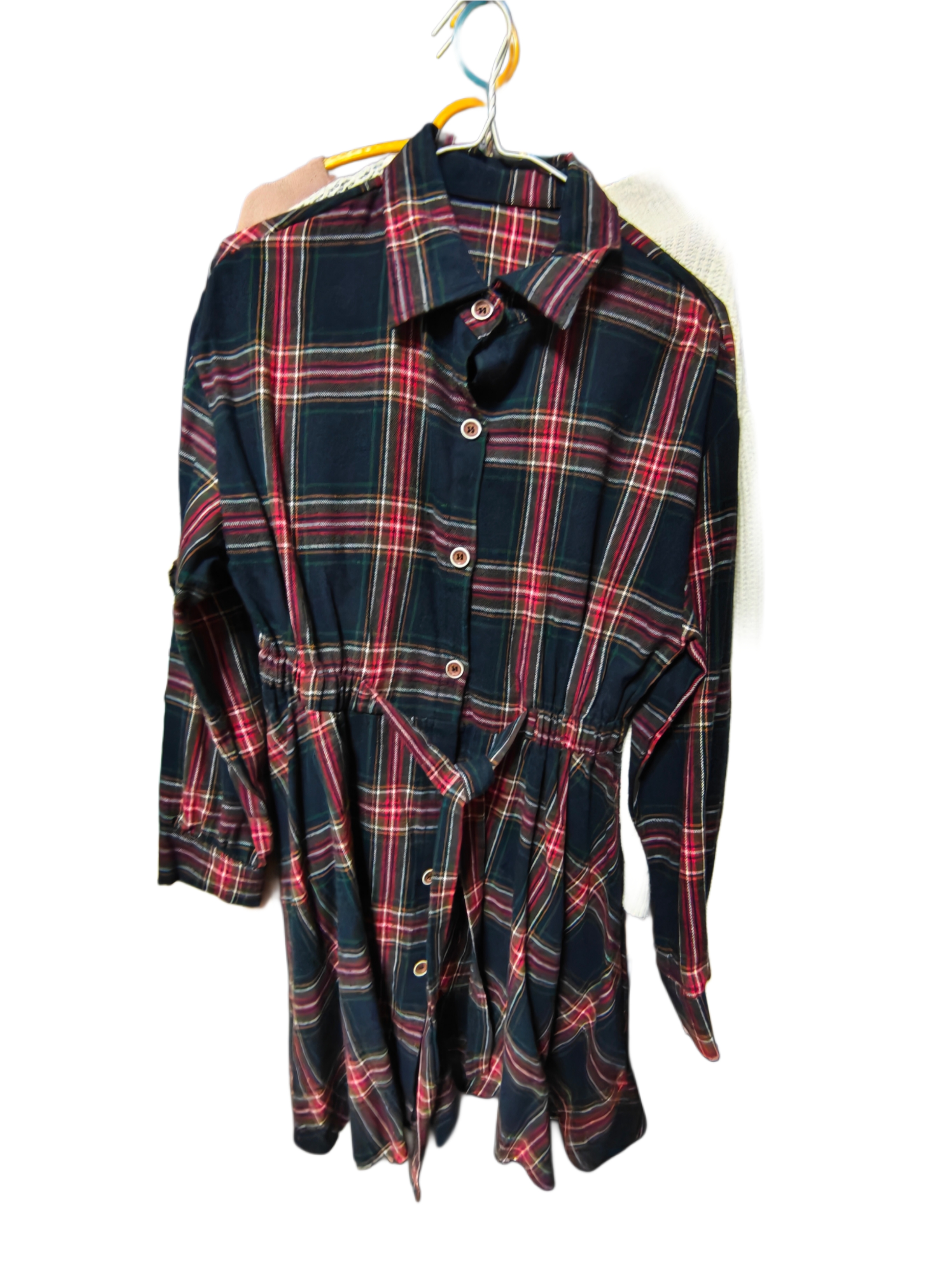 Red Plaid Collared Shirt Dress