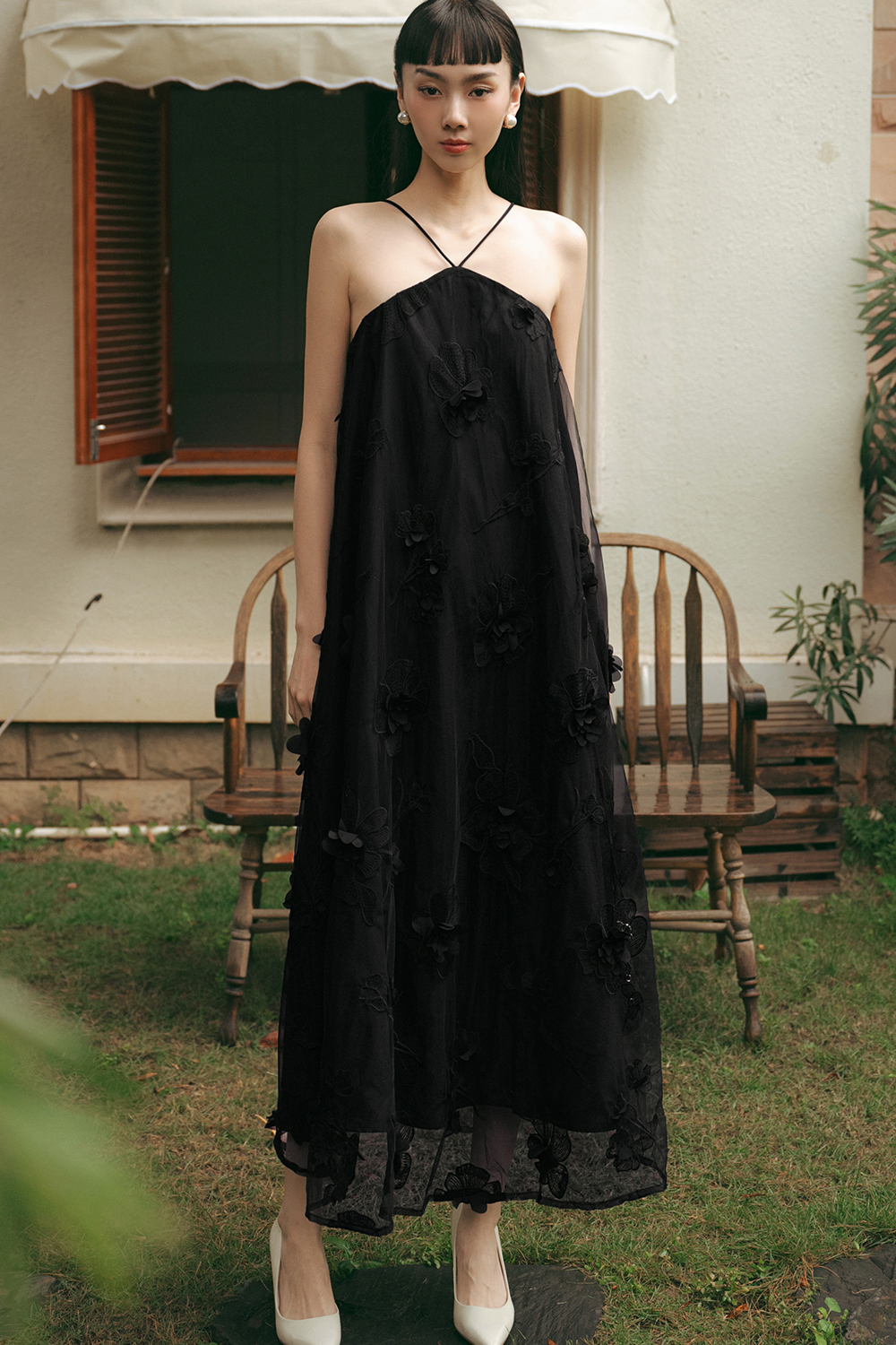 Fashmob LEA APPLIQUÉ TIE MAXI IN BLACK in Size XS