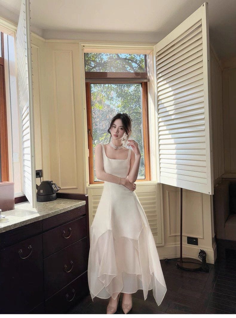 GJFD French Dress Slim Fit Patchwork Mesh Gown Square Neck - Photo 4