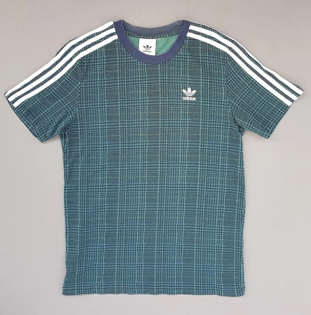 Original Adidas T-Shirt, Green Plaid Design, SMALL Tee, Cool Top, Tartan Style, Signature White Shoulder Stripes, Cosmopolitan, Sophistication, Streetwise, Urban Style, Pop Culture, Hip Hop, Rock Star, Summer Holiday, Cult Street Fashion