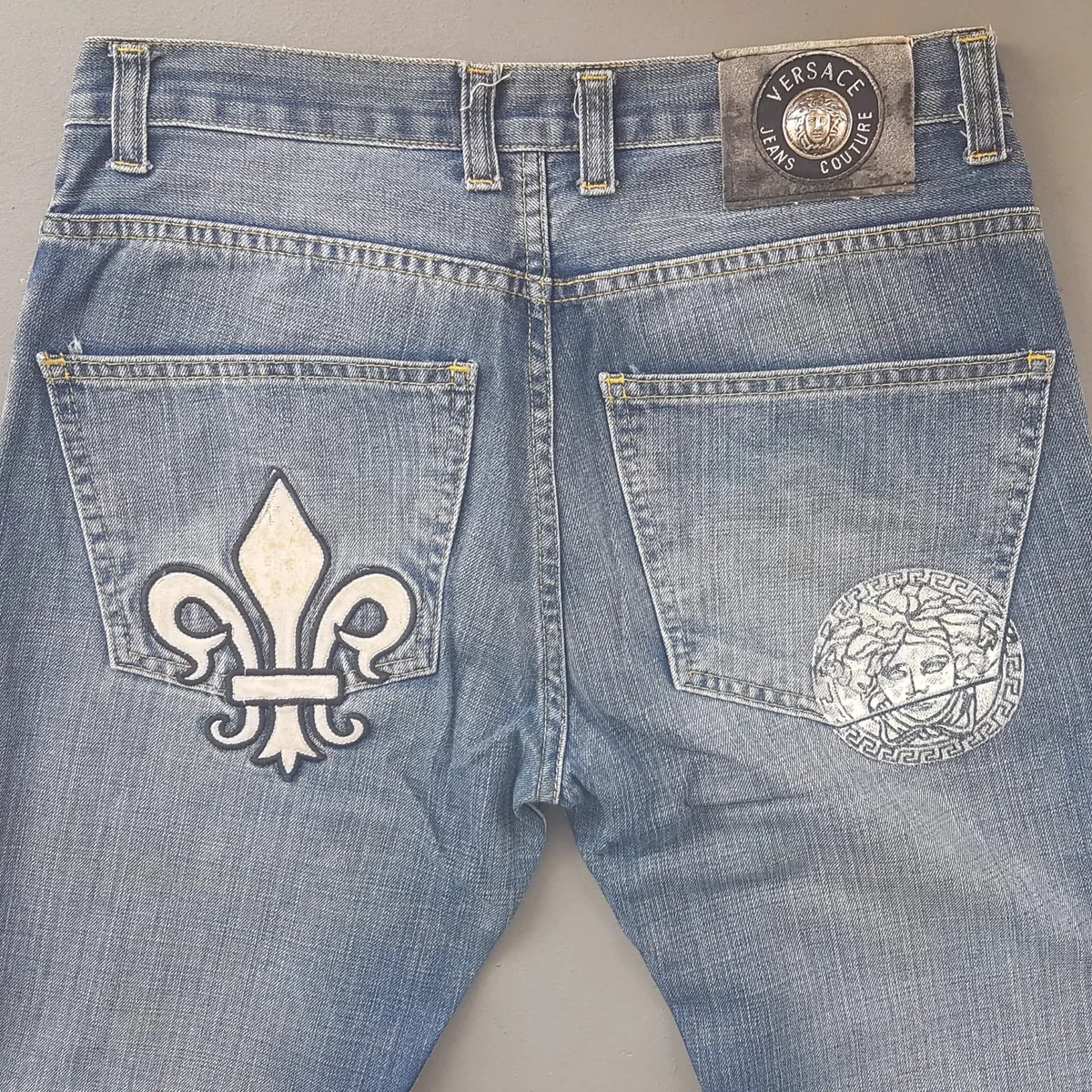Versace Retro VERSACE Couture Denim Jeans, Made in ITALY, Haute Couture, Exquisite Patchwork, Medusa Logo, Bootcut Jeans, Gianni Versace Flare Bottoms, Luxury Living, ITALIAN Designer Wear, Distressed Look, Nostalgic, Vintage Pants, Timeless Classic - Photo 4