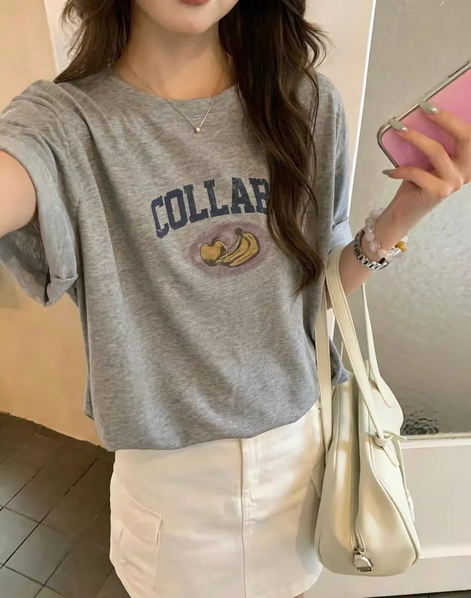 Heather Grey Short Sleeve Korean Lightweight Oversized Vintage Fruit Print Graphic Crewneck Round Neck T-Shirt Shirt Top