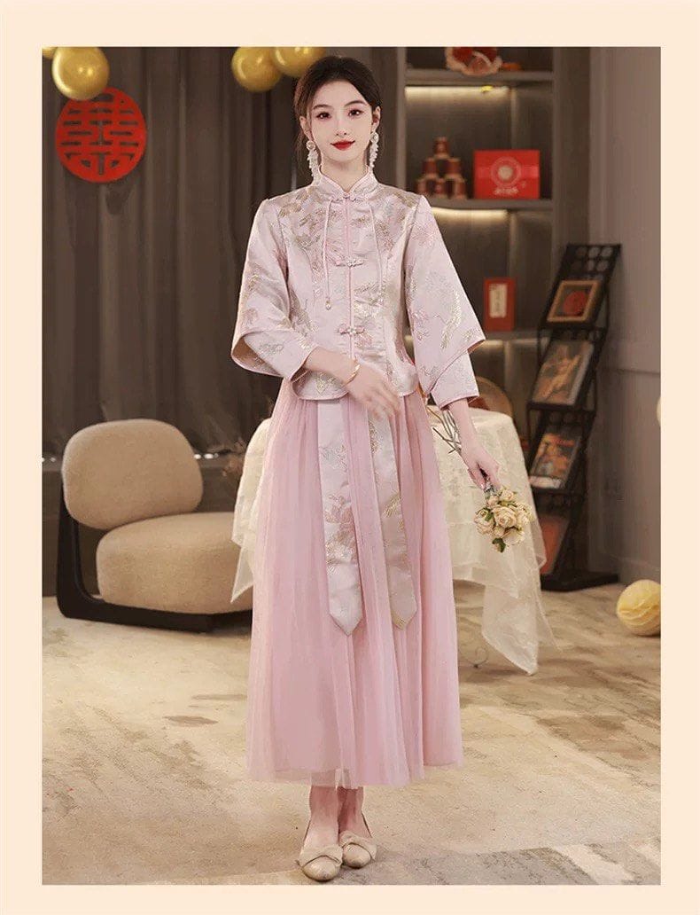 Cute pastel Chinese bridesmaid 2-piece fit