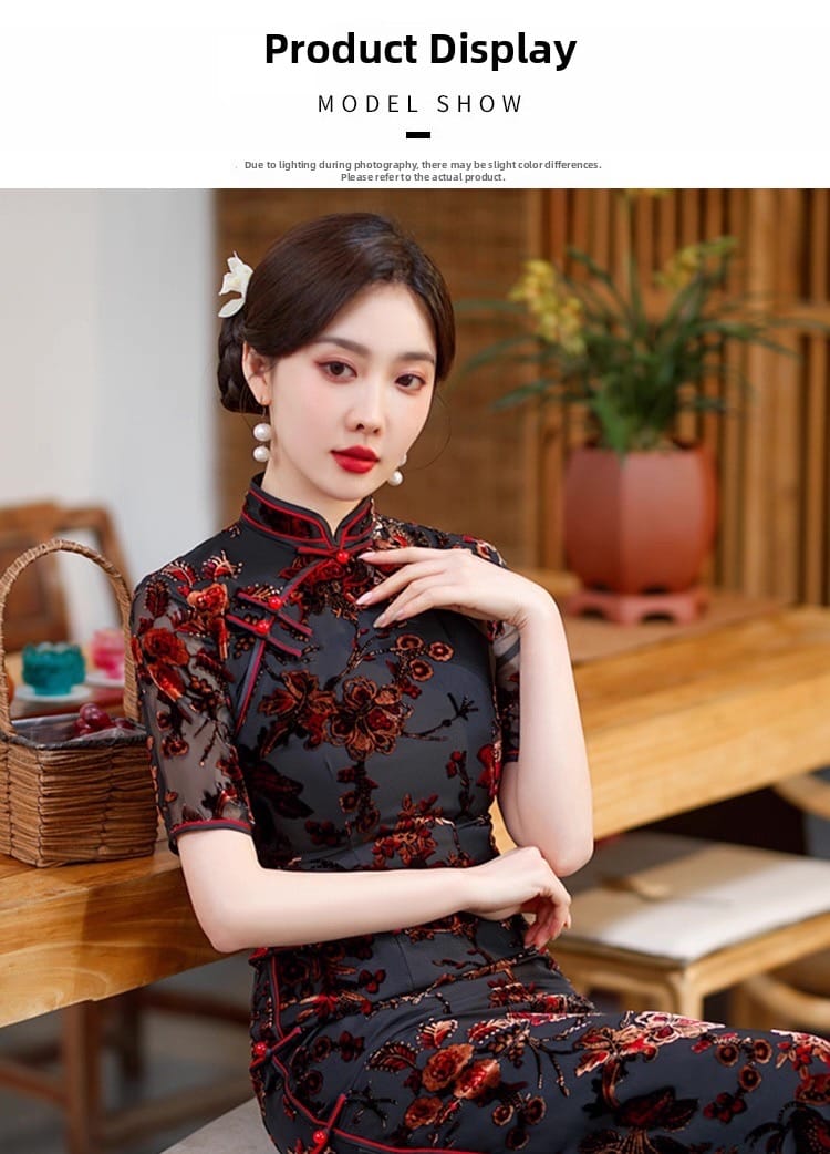 Elegant Black Red Retro Floral Cheongsam Dress - Photo 2