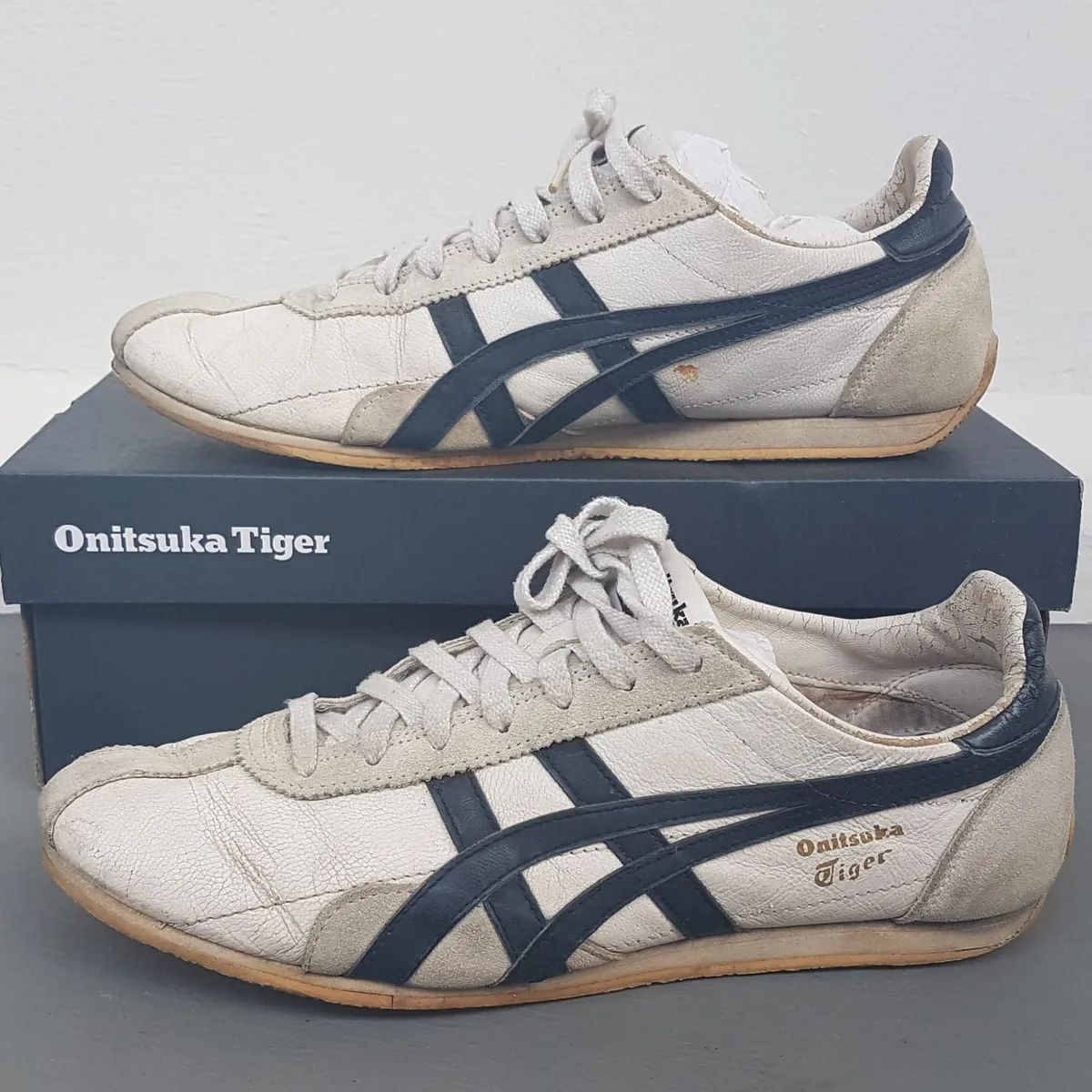 Onitsuka Tiger Onitsuka Tiger Sneakers, RUNSPARK Model, US 7.5, EU 40.5, CM 25.5, Low Top Shoes in White Cream, Blue Onitsuka Tiger Stripes, JAPAN, Cosmopolitan, Cult Street Fashion, Everyday Footwear, Pop Culture, Sophistication, Streetwise, Roadster