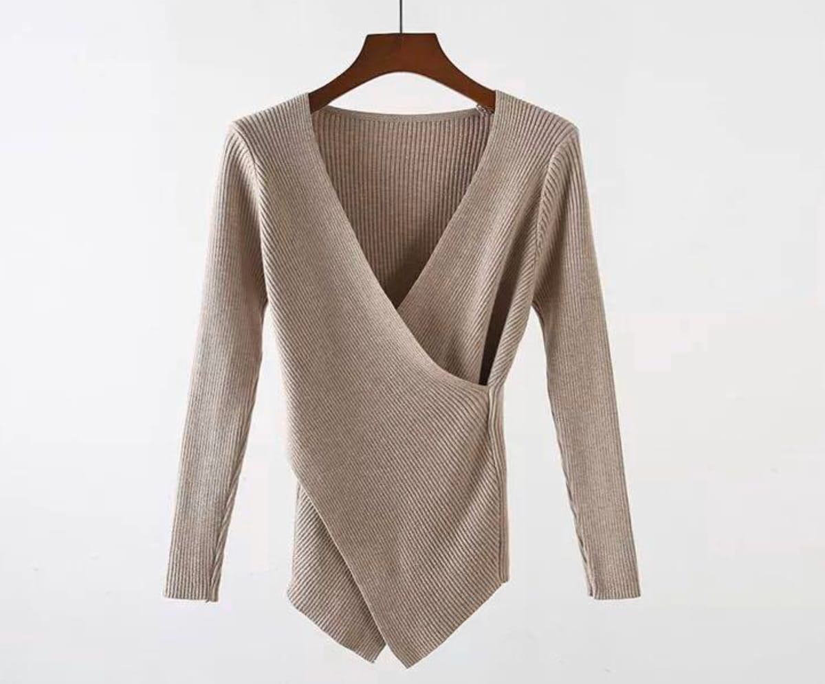 Chic Beige Knit Wrap Top