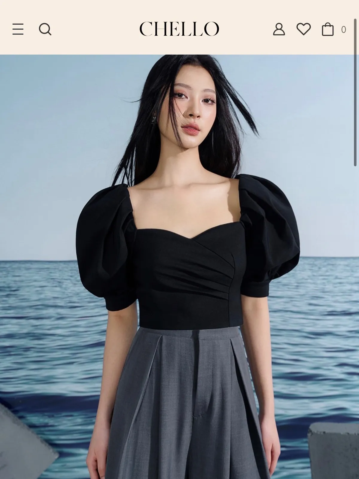 Chello  Chello Hana Puff Sleeves Sweetheart Cropped Top in Classic Black - Photo 3
