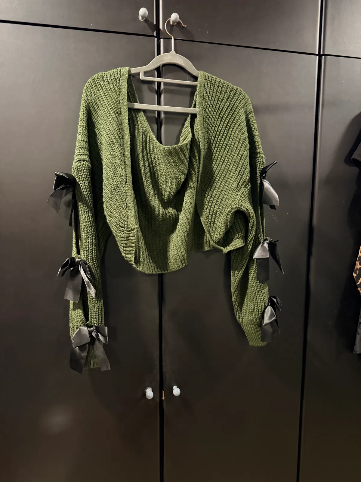 Chic Olive Knit Sweater with Bow Details