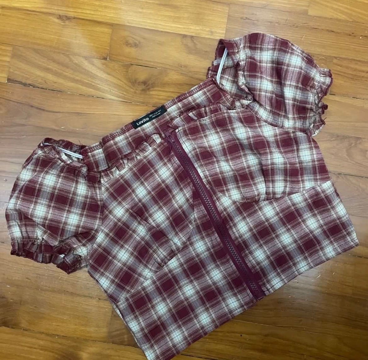 Lovito (s) lovito plaid gingham puff sleeve crop top - Photo 2