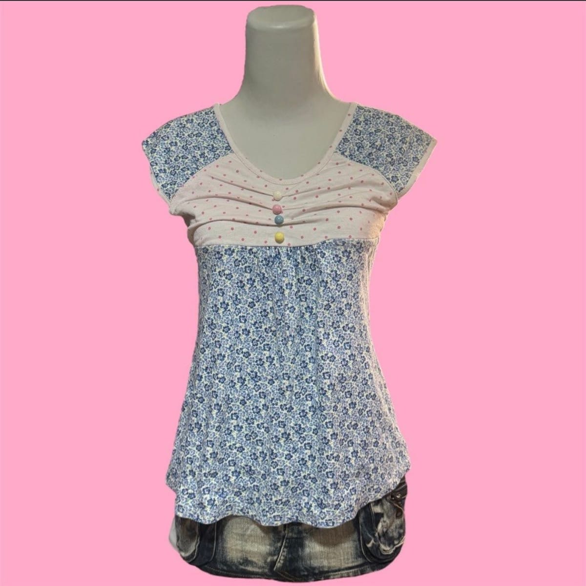 Cottagecore Blue Floral Babydoll Top w/ Pastel Buttons