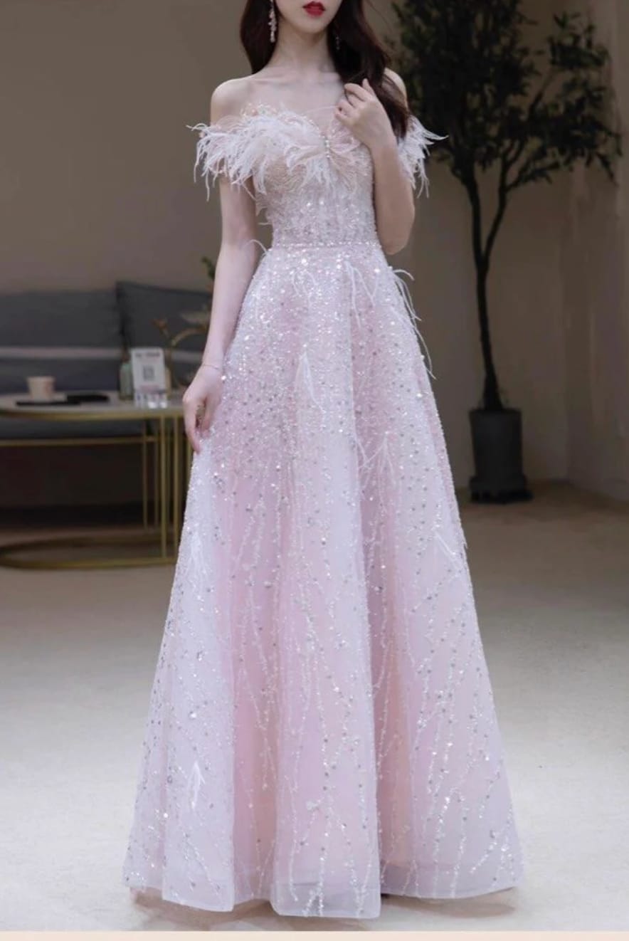 Ethereal Pink Off-Shoulder Feather Gown