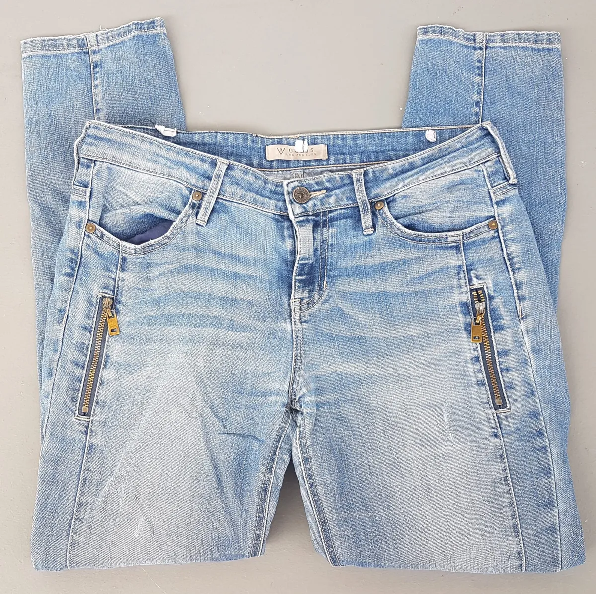 Original GUESS Denim Jeans, Cosmopolitan, Los Angeles, USA, Bootcut Model, Size 29, Cool Zipper Pockets, Distressed Light Washed Bottoms, Pop Culture, Hip Hop, Rock Star, Cult Street Fashion, American Classic, Luxury Living, Urban Style, Timeless Appeal