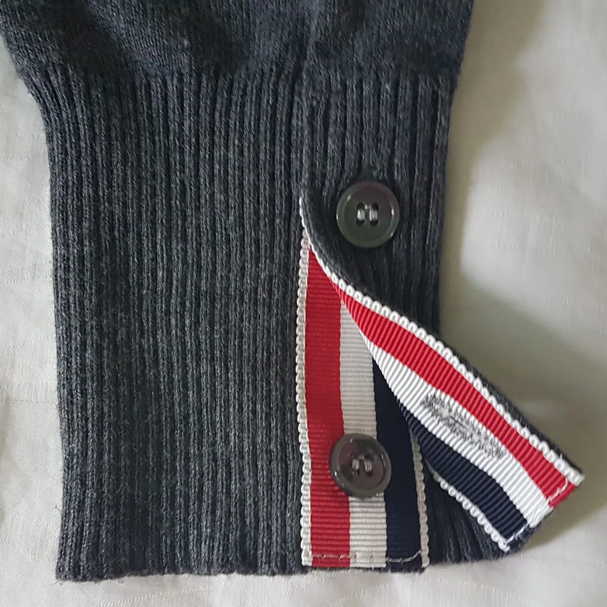 Thom Browne Thom Browne New York Cashmere Jumper, Dark Gray Sweater, Made in JAPAN, Signature 4-Bar White Stripes, Red, White & Red Loop Tab, Luxury Living, Cosmopolitan, Cool Pullover, Timeless Appeal, Urban Style, Sophistication, Travel Essentials, Pop Culture - Photo 3