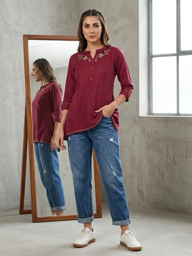 Hunar Maroon Linen Cotton Kurti Top- Size 38 (M)/