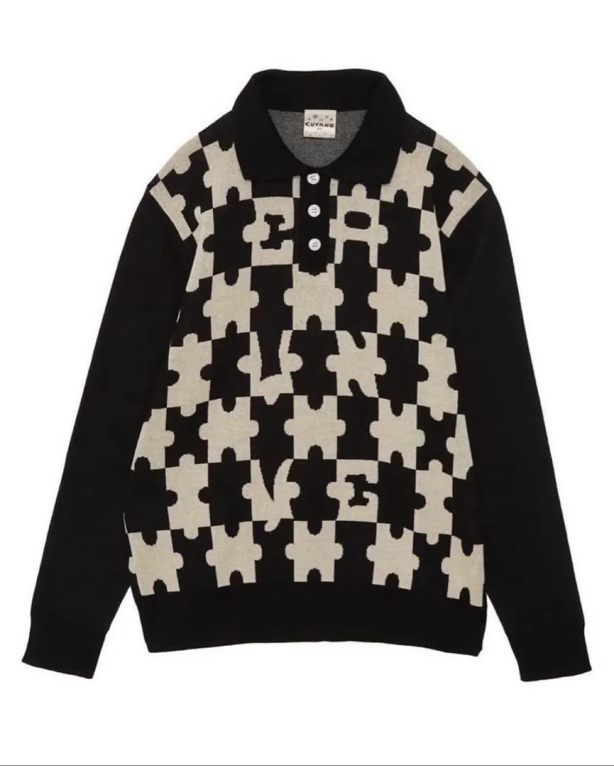 Vintage Puzzle Pattern Knit Polo Sweater - Photo 4