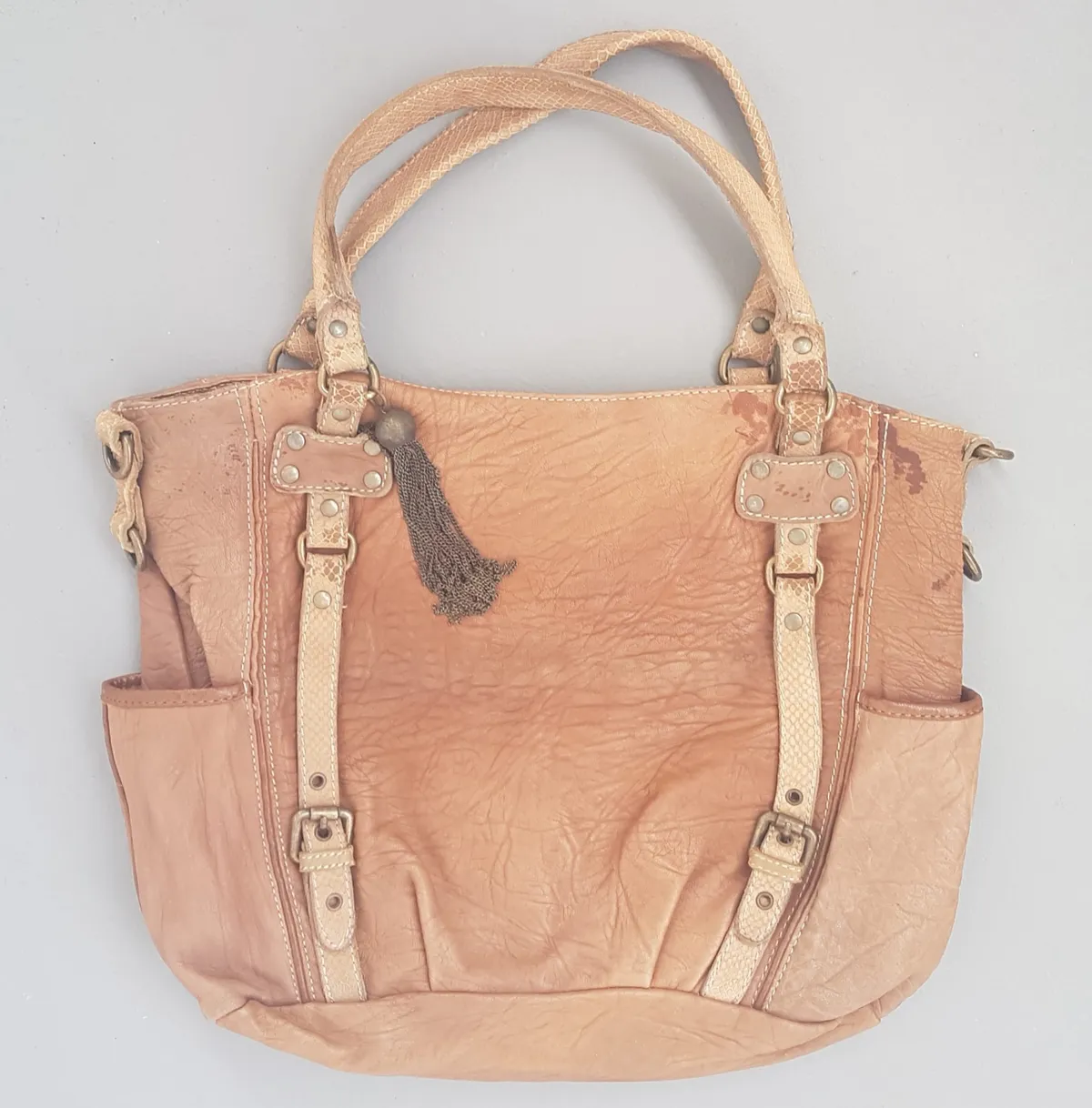 Original Massimo Dutti Tote Bag, Peach-Tone Brown Leather Bag, Double Shoulder Straps, Distinctive Buckle Accents, Decorative Tassel Charm, Luxury Shoulder Bag, Duffel, Hand Carry, Cosmopolitan, Spacious Handbag, Sophistication, Everyday Bag