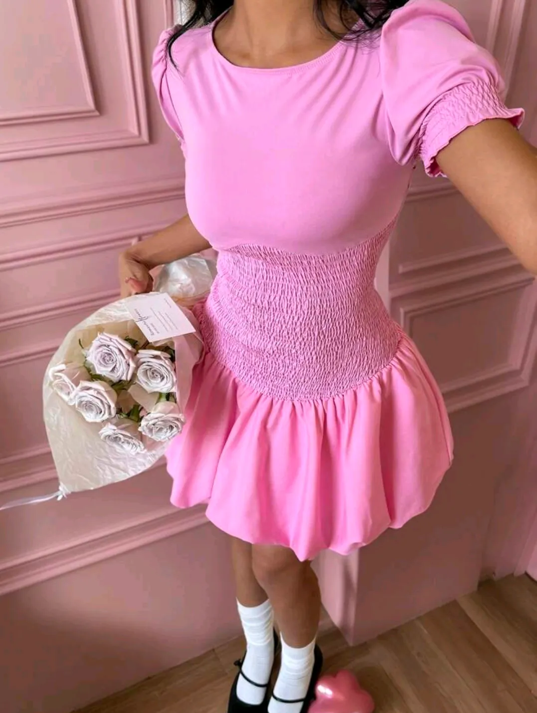 Pink Puffed Sleeve Skater Dress