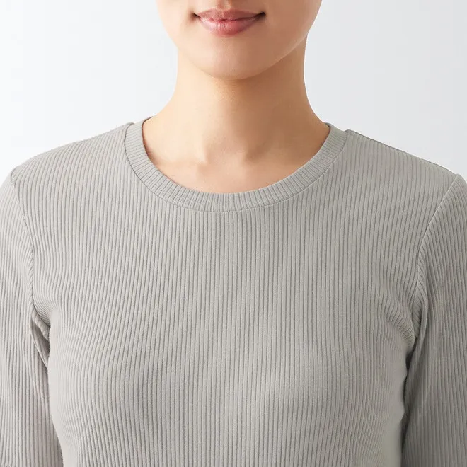 Muji Muji Female Grey Stretch Ribbed Half Sleeve Round Crew Neck Cotton T-shirt Shirt Top - Photo 5