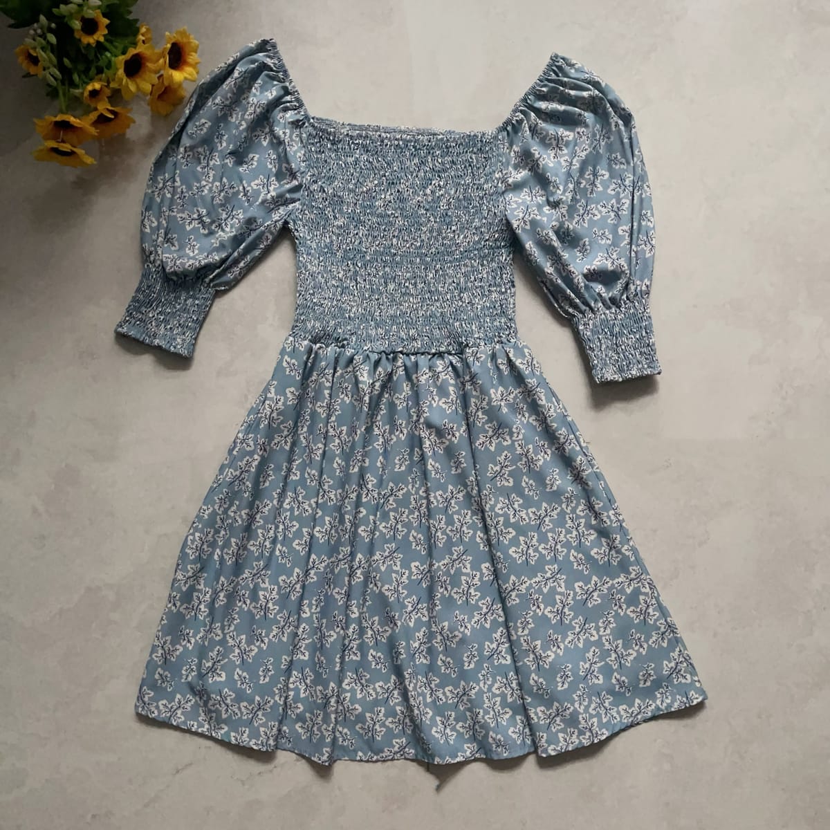 Blue Floral Smocked Puff Sleeve Mini Dress - Photo 2
