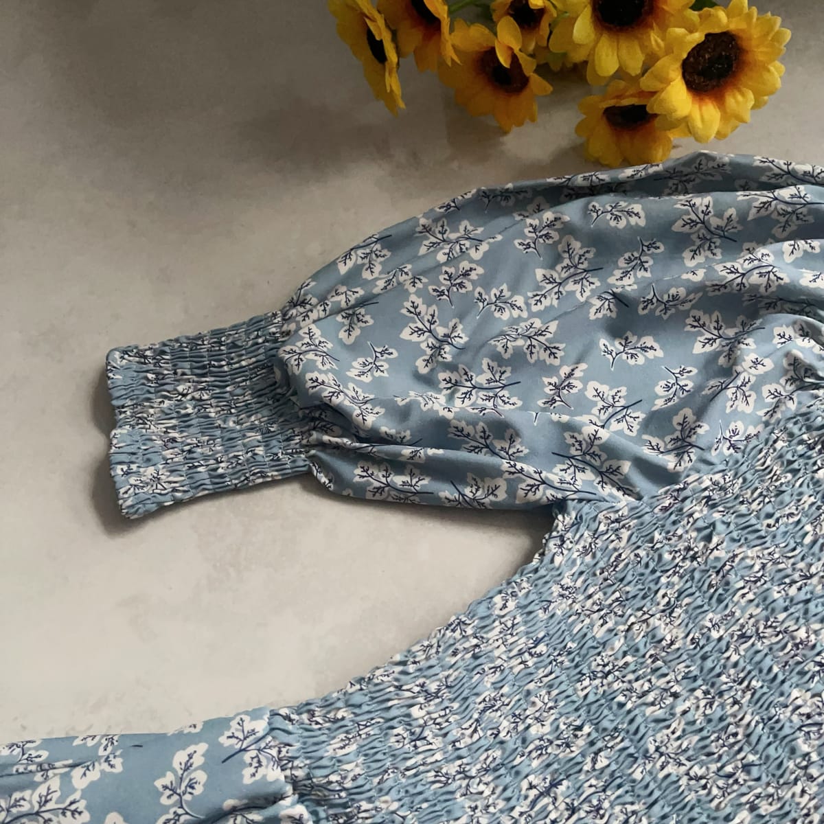 Blue Floral Smocked Puff Sleeve Mini Dress - Photo 4