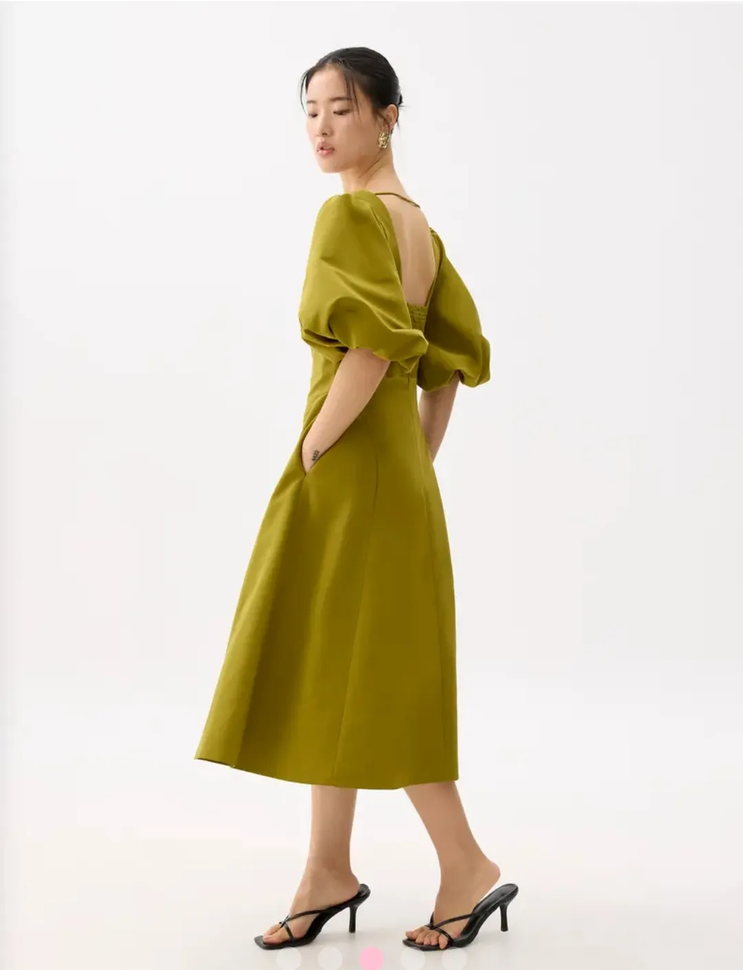 Love, Bonito Love Bonito Olive Green Puff Sleeve Midi Dress - Photo 3