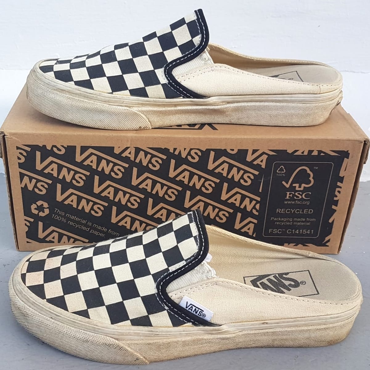 Original VANS Designer Sneakers, Vans Black and White Shoes, Cosmopolitan, Sleek Checkerboard Design, Classic Slip-On Mule, US 5.5, UK 3, EUR 35, CM 22, Streetwise, Roadster, Cult Street Fashion, Pop Culture, Skate, Surf, Stunt, Timeless Appeal