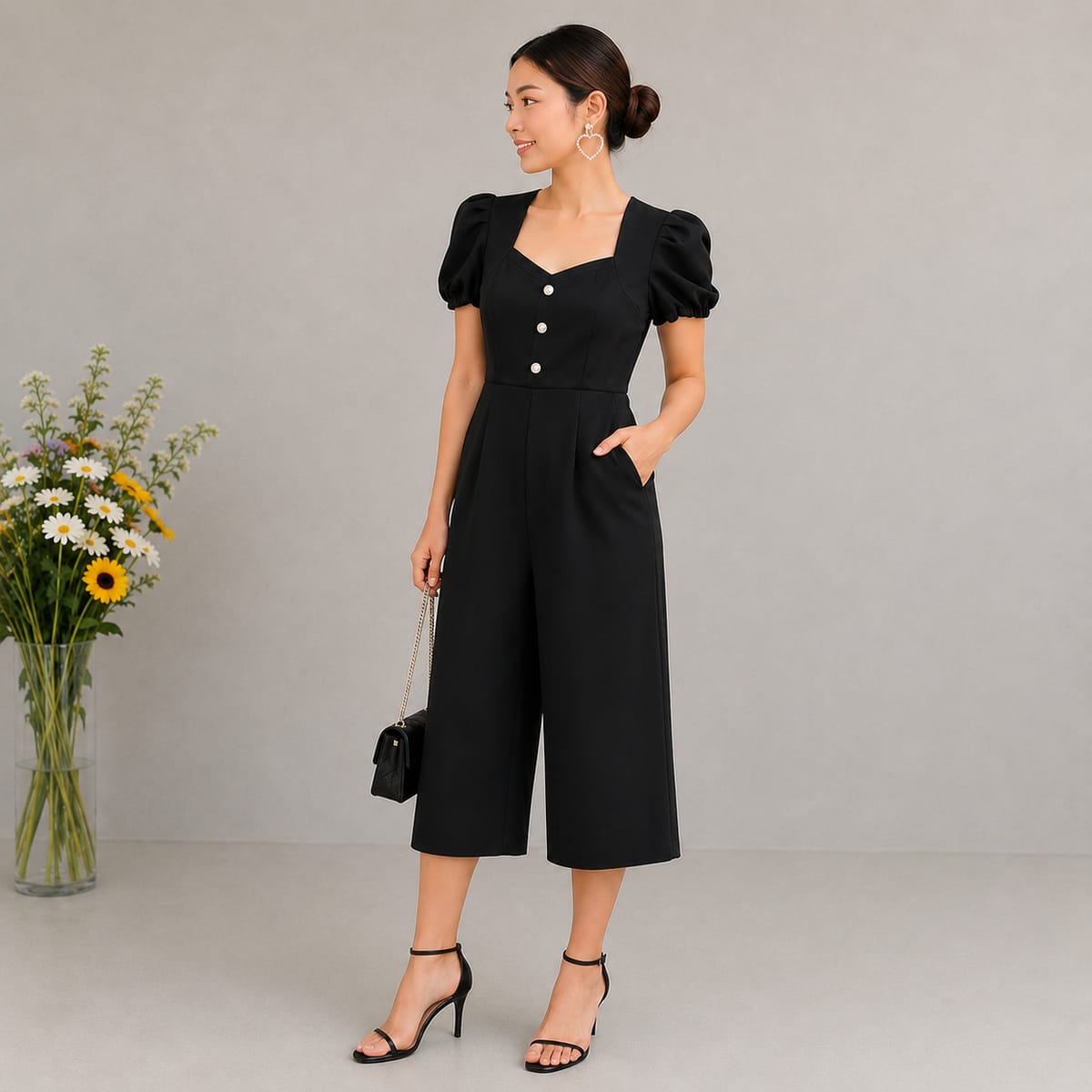 Chic Black Puff Sleeve Jumpsuit