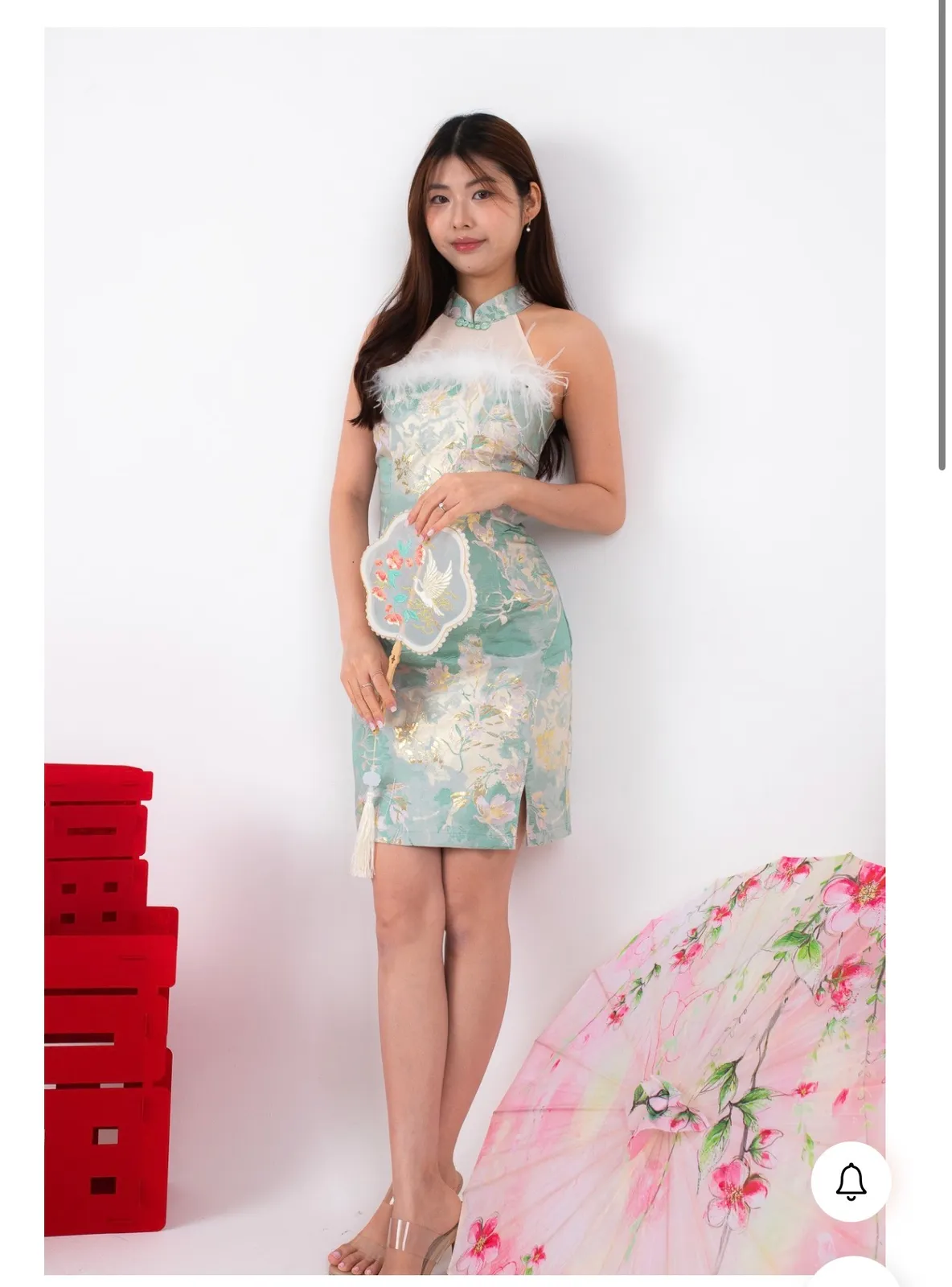 Elegant Floral Cheongsam with Feather Detail