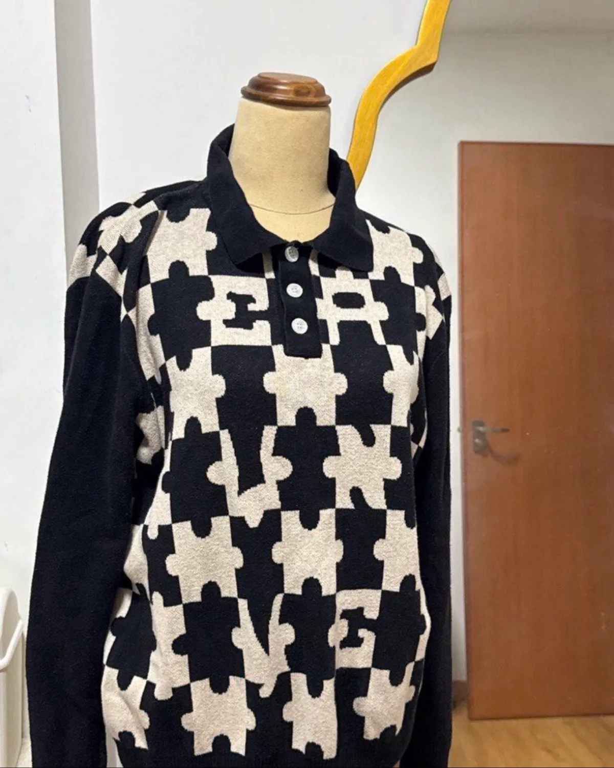 Vintage Puzzle Pattern Knit Polo Sweater