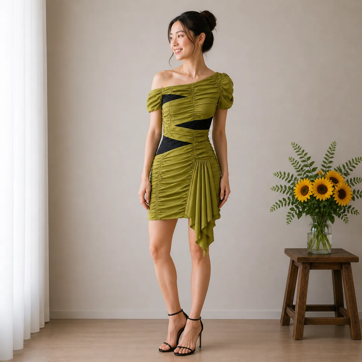 EURAUGO Olive Green Ruched Mini Dress