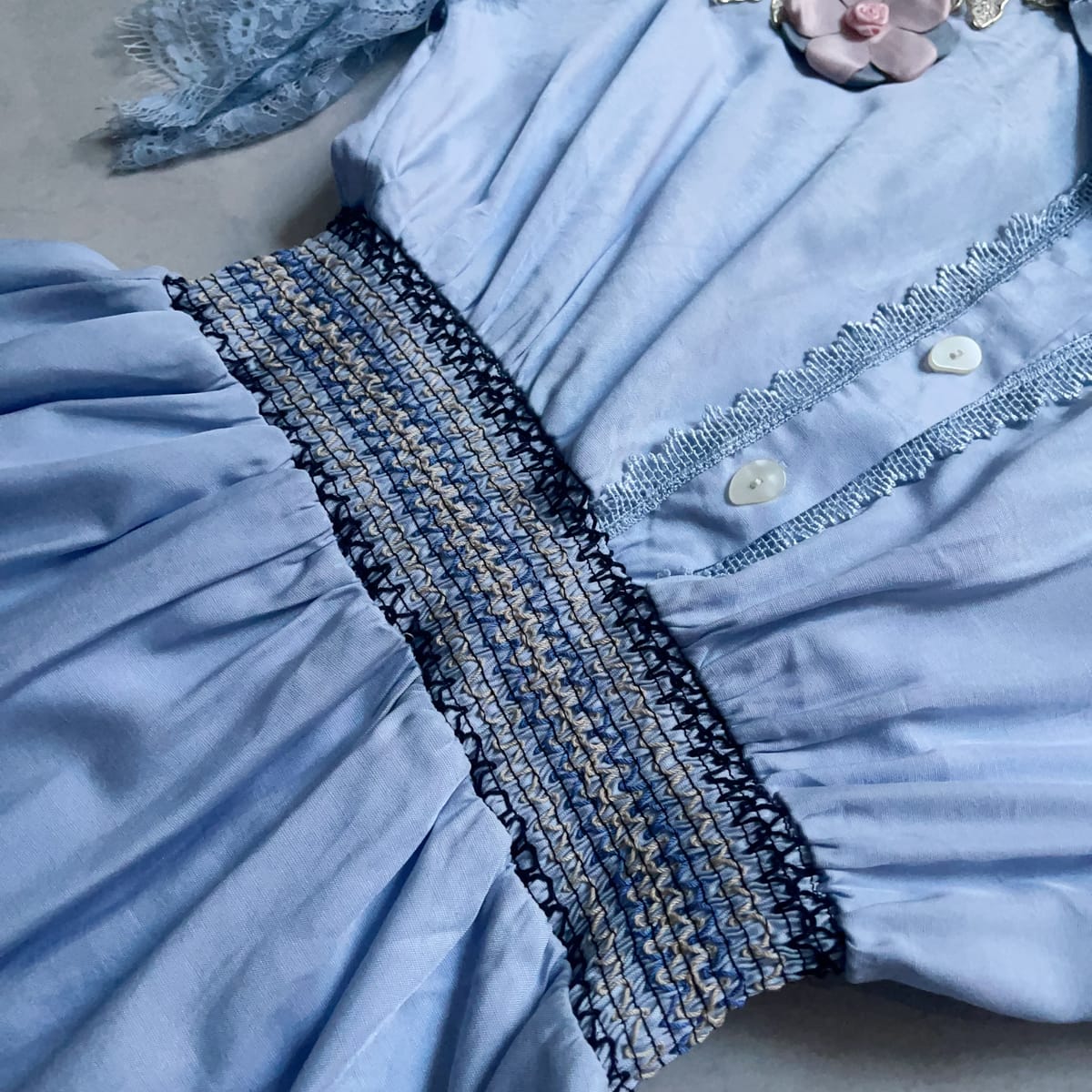Light Blue Lace Sleeve Floral Embellished Shirt Dress - Photo 5