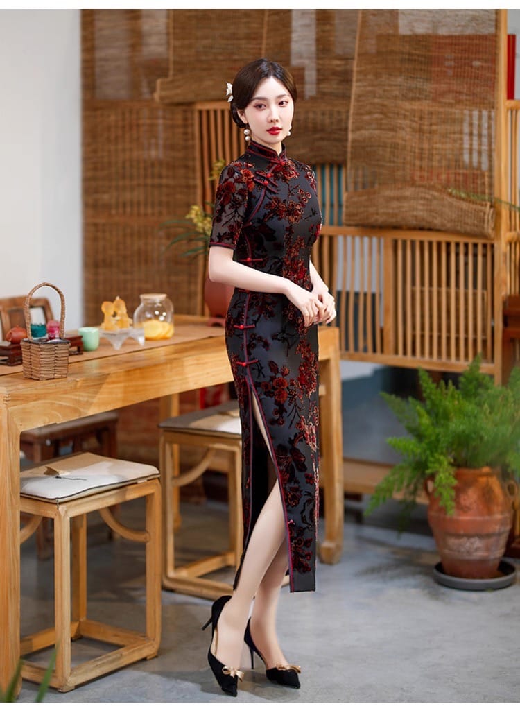 Elegant Black Red Retro Floral Cheongsam Dress - Photo 4