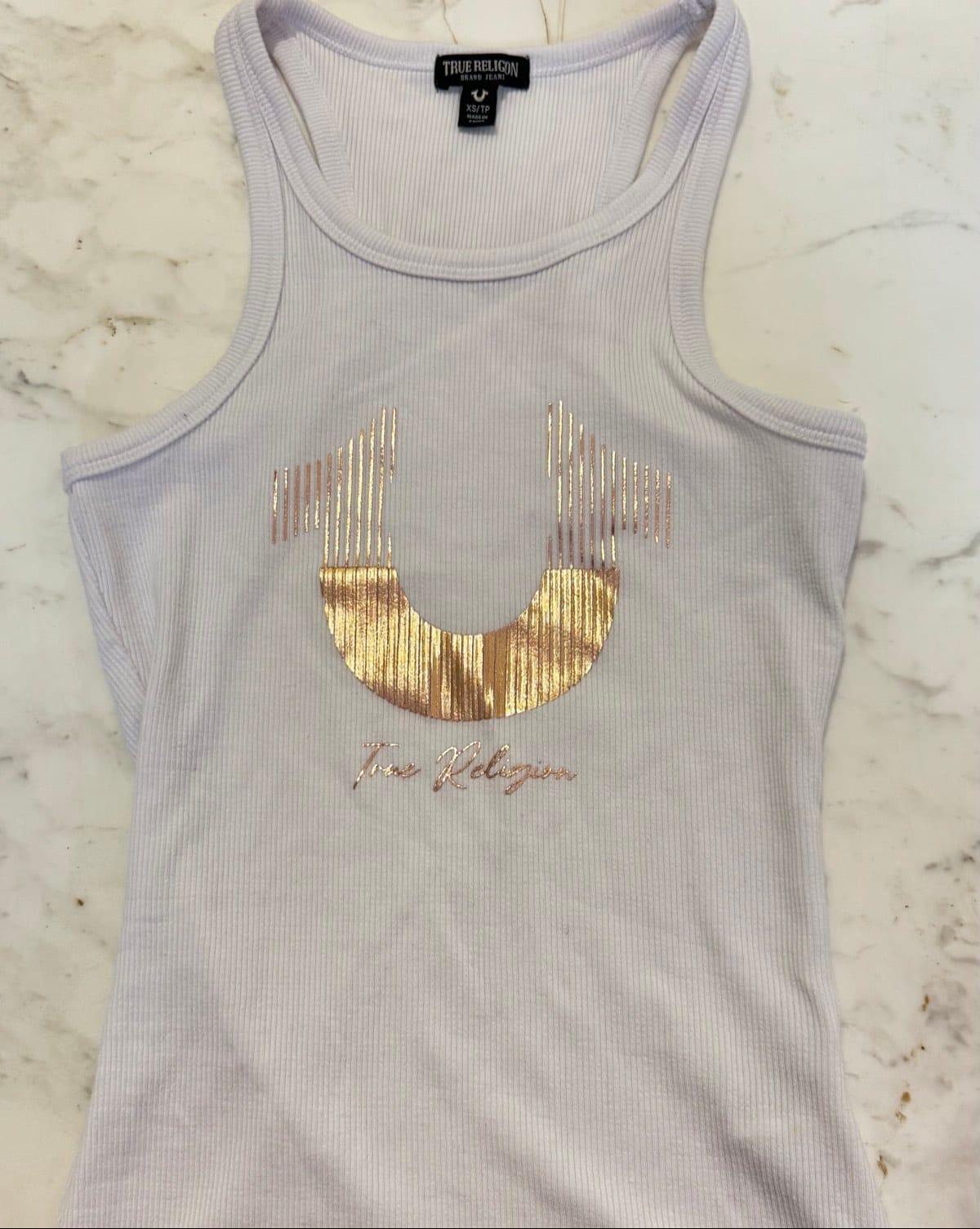 True Religion White Tank Top with Rose Gold Logo