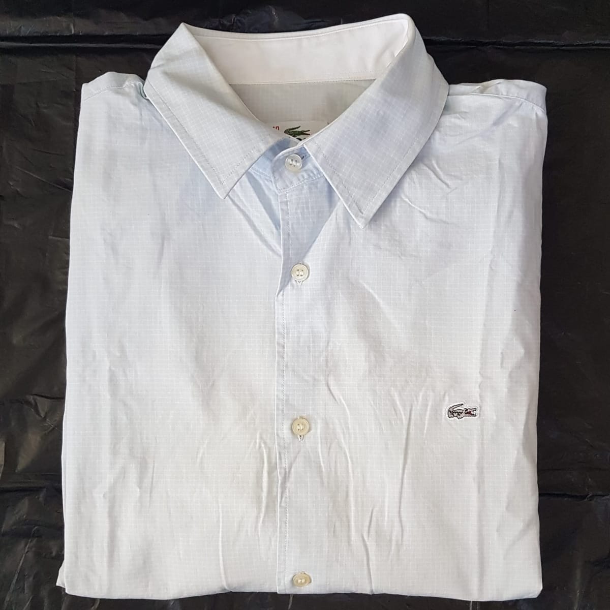Original LACOSTE Smart Dress Shirt, Checker Blue & White Designer Shirt, Lacoste Logo, Cosmopolitan, Paris, FRANCE, Sleek 7 Buttons Long Sleeve Shirt, 40 MEDIUM Top, Regular Fit, Luxury Lifestyle, Timeless Appeal, Urban Style, Sophistication, Pop Culture