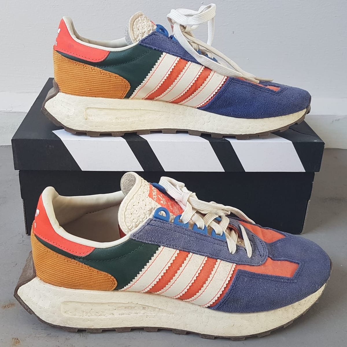 Adidas Retro Adidas RETROPY E5 Racing Boost Sneakers, Multicolor Running Shoes, Cosmopolitan, Blue, White, Orange, US 9, UK 8.5, EU 42.5, JP 270, Sleek Design, Streetwise, Sophistication, Timeless Appeal, Pop Culture, Hip Hop, Rock Star, Urban Style