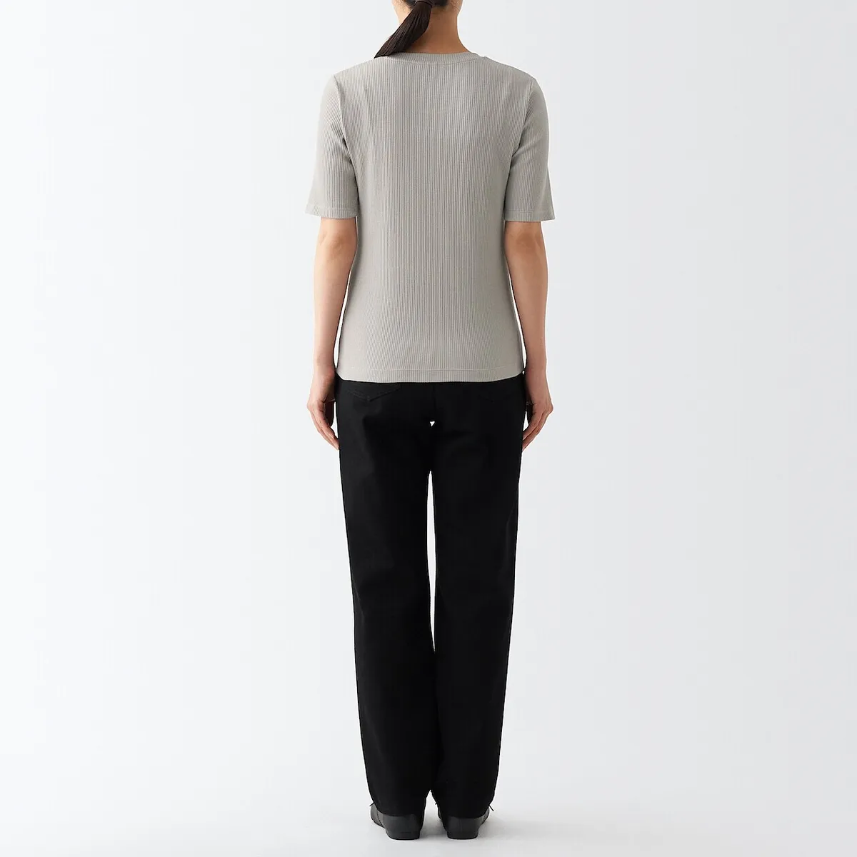 Muji Muji Female Grey Stretch Ribbed Half Sleeve Round Crew Neck Cotton T-shirt Shirt Top - Photo 4
