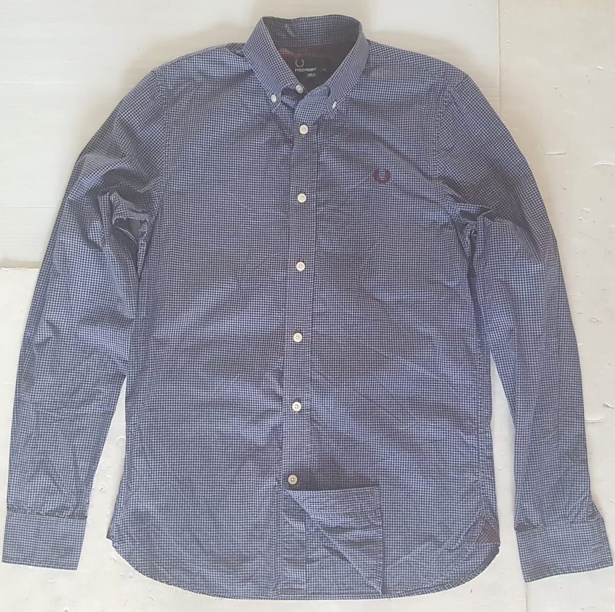 Original FRED PERRY Shirt, Smart BLUE Checkered Top, LONDON, UK, Cool 7 Buttons Shirt, Classic Gingham Long Sleeve, Japanese Inspiration, Cosmopolitan, Luxury Lifestyle, Sleek Design, Sophistication, Streetwise, Timeless Appeal, Urban Living