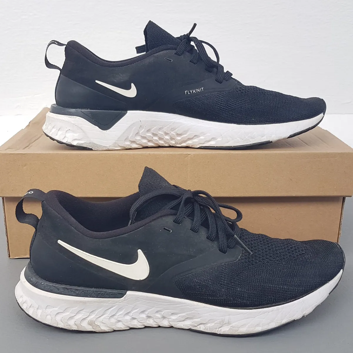 Adidas Original NIKE Black Running Shoes, Nike Odyssey REACT 2 FLYKNIT Sneakers, US 7, UK 5, EU 38, CM 24.5, White Swoosh Logo, Cosmopolitan, Urban Style, Pop Culture, Sophistication, Streetwise, Roadster, Active Lifestyle, Everyday Shoes, Cult Street Fashion