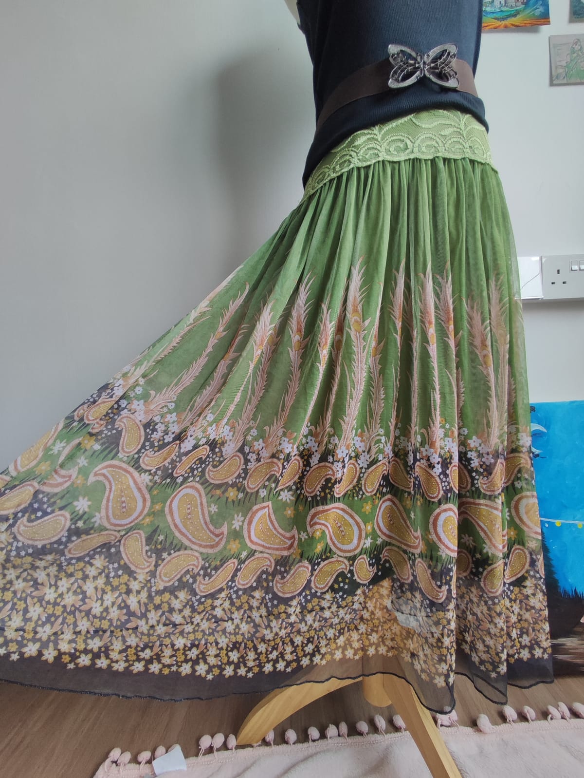 Boho Floral Green Maxi Skirt