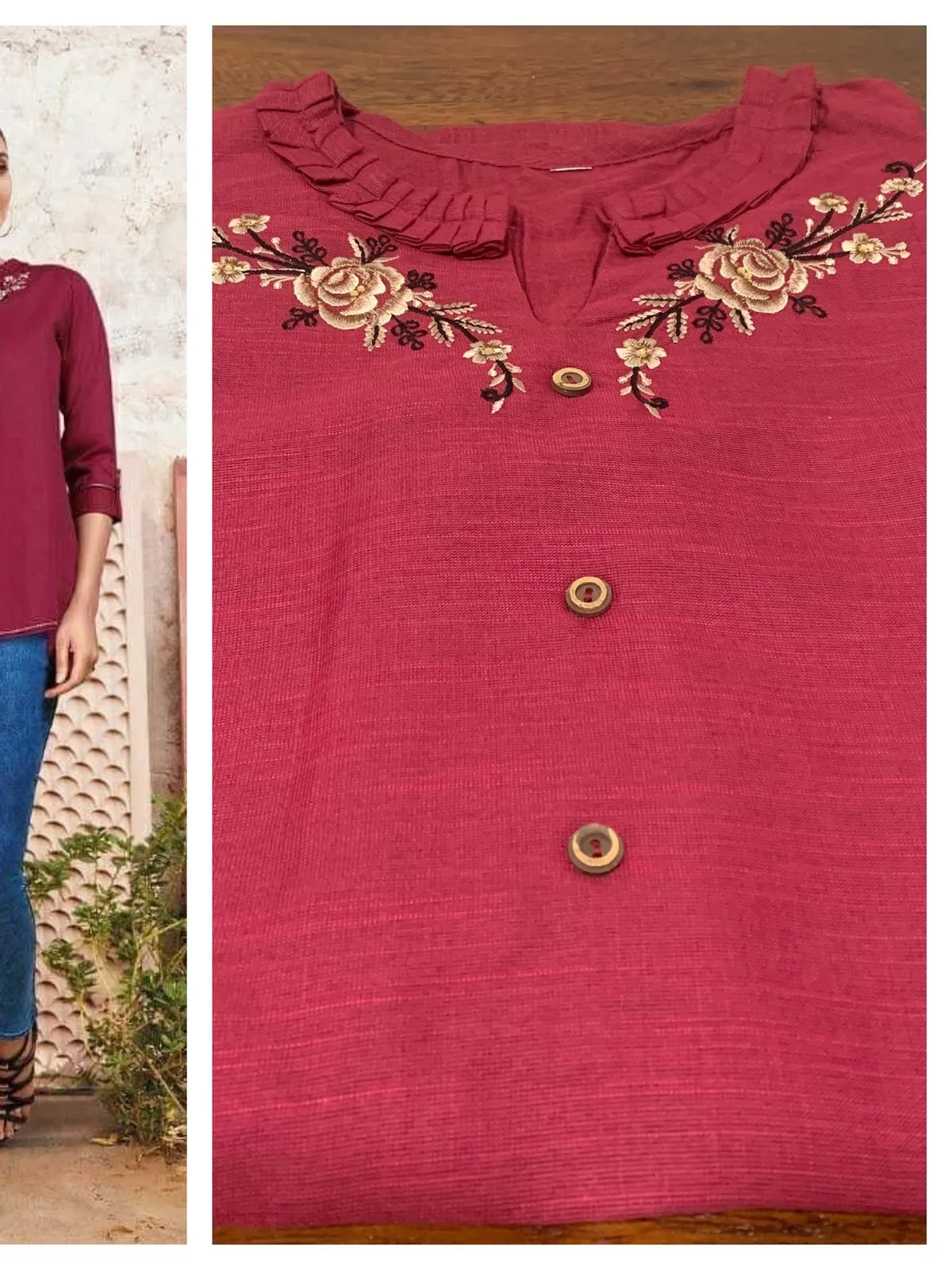 Hunar Maroon Linen Cotton Kurti Top- Size 38 (M)/ - Photo 3
