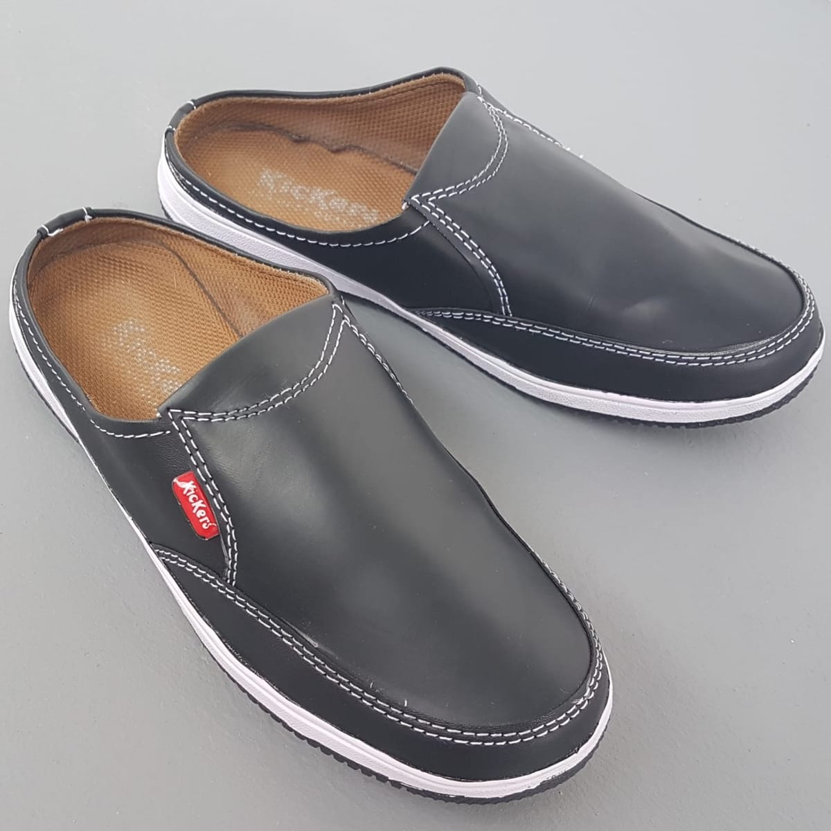 Original KICKERS Loafers, FRANCE, Cool Mules, Black Sliders, White Contrast Stitching, Moccasins, Cosmopolitan, EU 42, US 9, UK 8, Continental, Designer Covered Shoes, Comfortable Flat, Slip-On, Urban Style, Timeless Appeal, Pop Culture