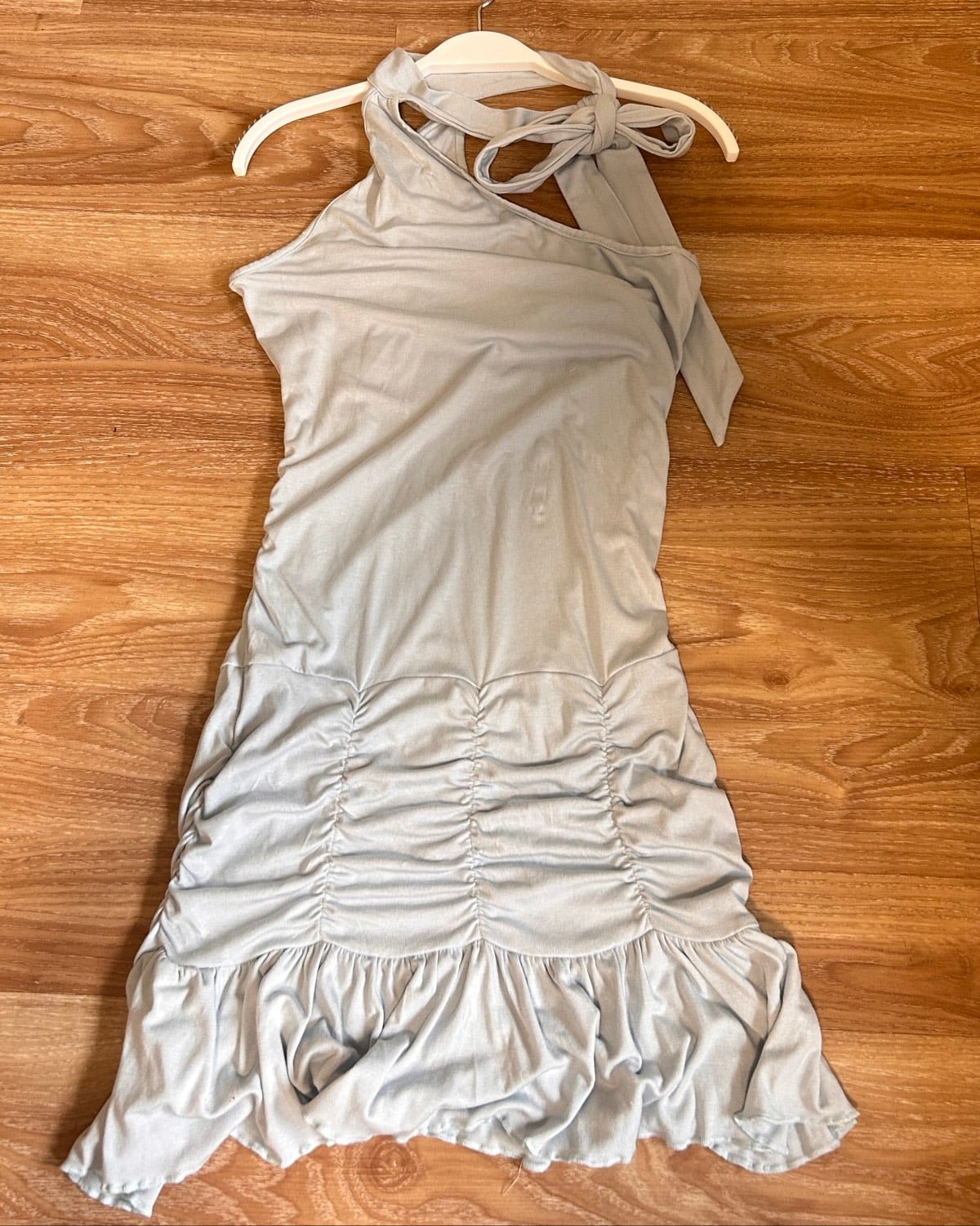 Chic Light Grey Ruched Mini Dress with Halter Neck