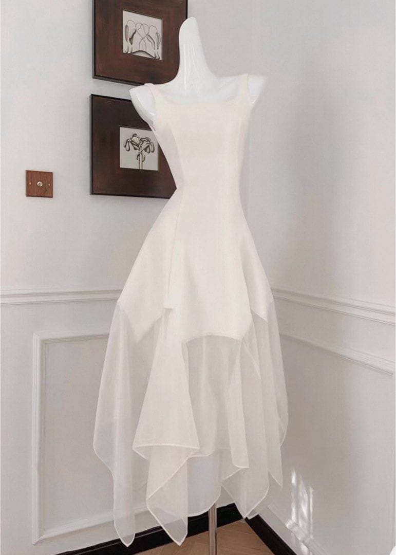 GJFD French Dress Slim Fit Patchwork Mesh Gown Square Neck - Photo 6