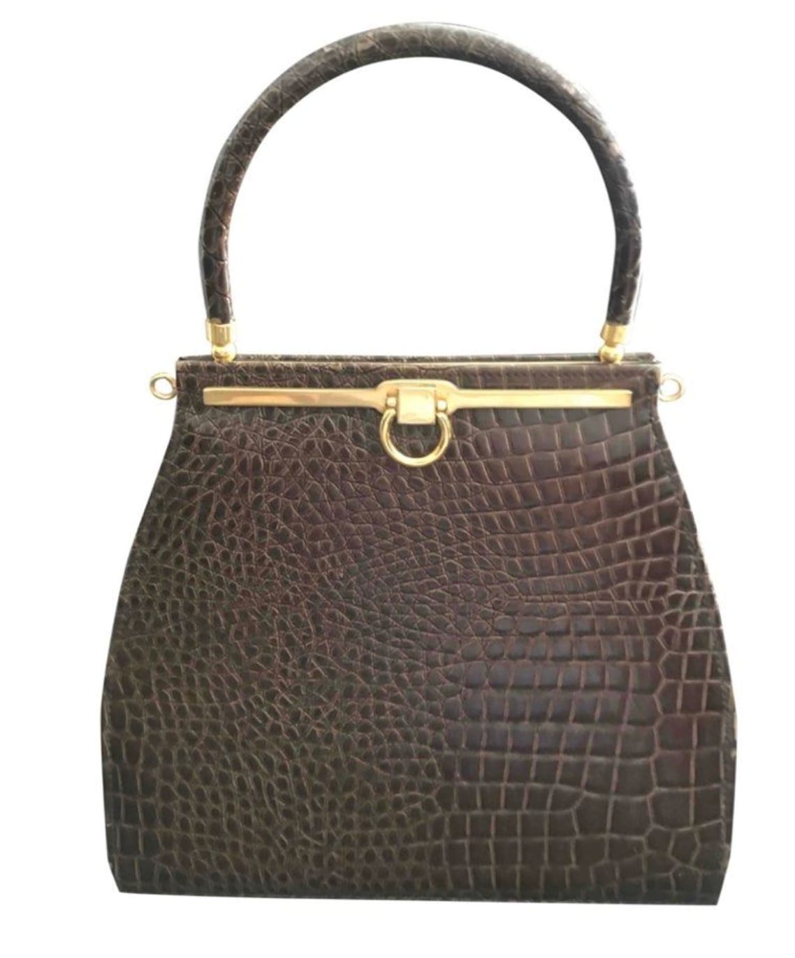 Chic Croc-Embossed Handbag with Gold Accents