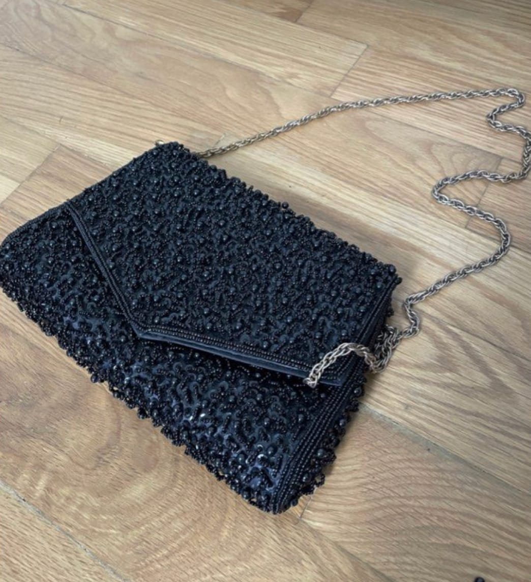 Chic Black Beaded Vintage Clutch with Chain Strap