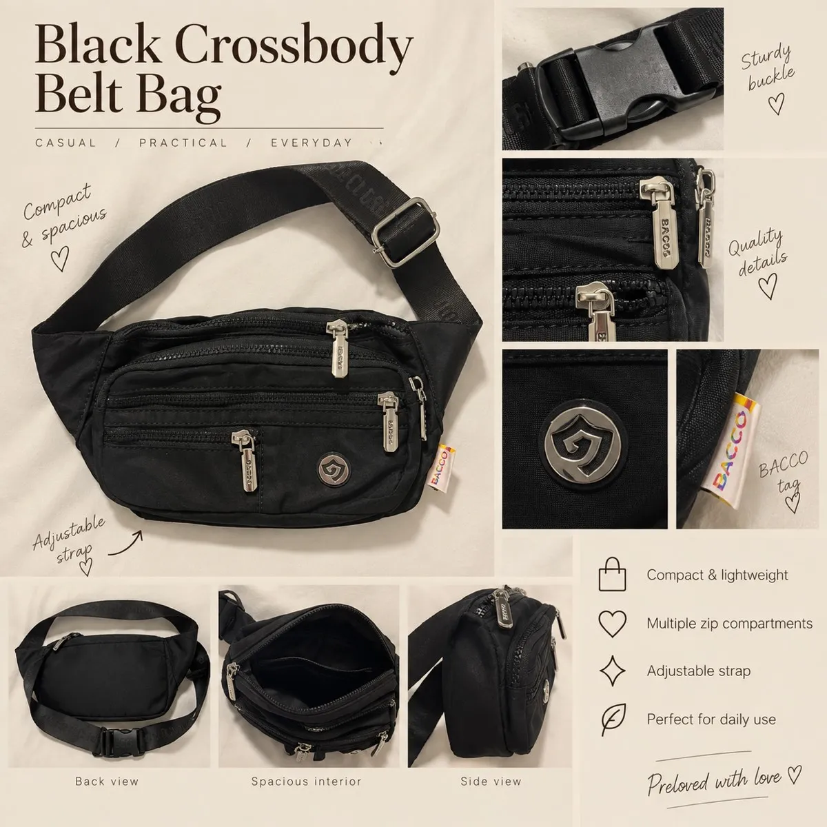 BACCO Trendy Black Crossbody Belt Bag