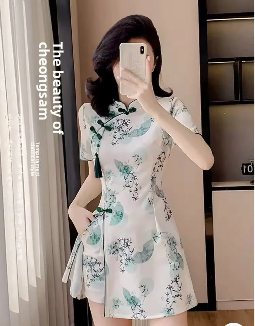 Young Women's Fashionable Chinese Style Reformed Qipao Set Short Skirt And Shorts Two-Piece Light And Breathable Summer Outfit - Photo 2