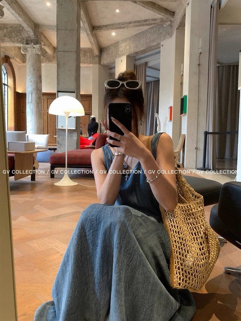 GV Collection Tencel Denim Cotton Belted Vest Dress Ruched A-Line Long Skirt for Women - Photo 9