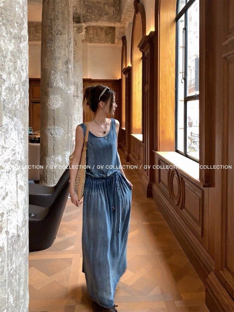 GV Collection Tencel Denim Cotton Belted Vest Dress Ruched A-Line Long Skirt for Women - Photo 2