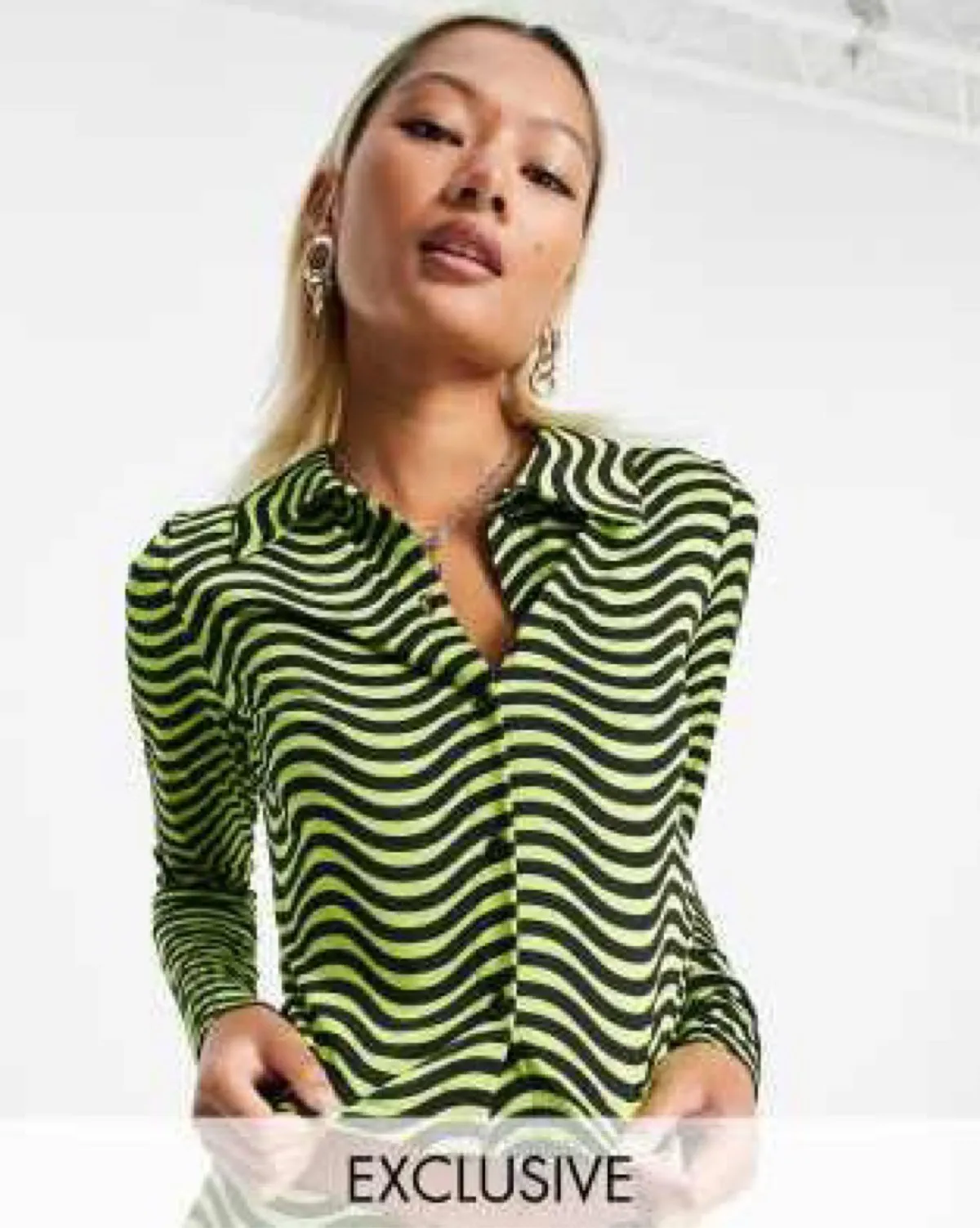 ASOS Neon Green Wavy Print Long Sleeve Shirt - Photo 2